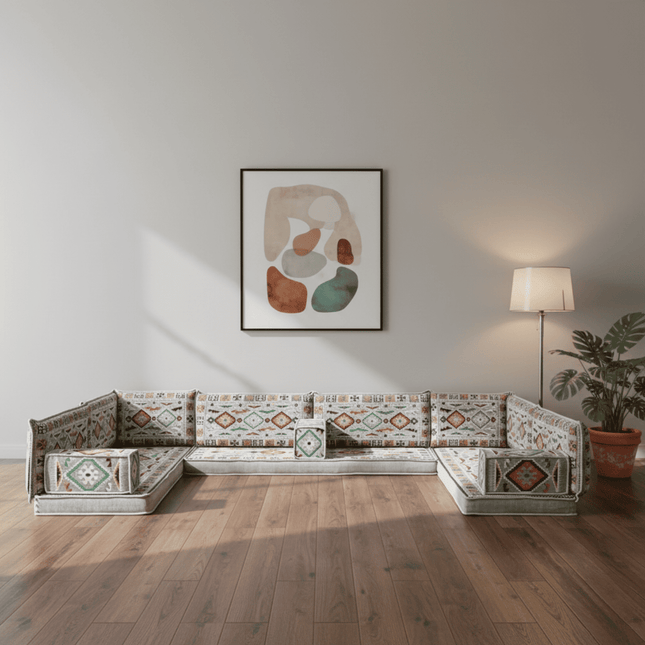 Arabic Floor Sofa Set – Gray U Shaped Majlis Sectional with 4 Inch Cushions