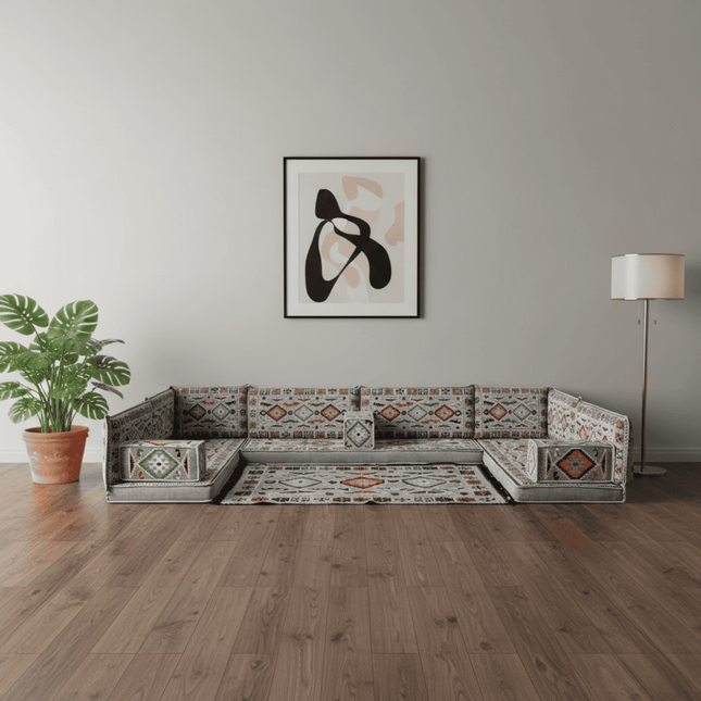 Arabic Floor Sofa Set – Gray U Shaped Majlis Sectional with 4 Inch Cushions