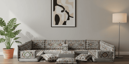Arabic Floor Sofa Set – Gray U Shaped Majlis Sectional with 4 Inch Cushions