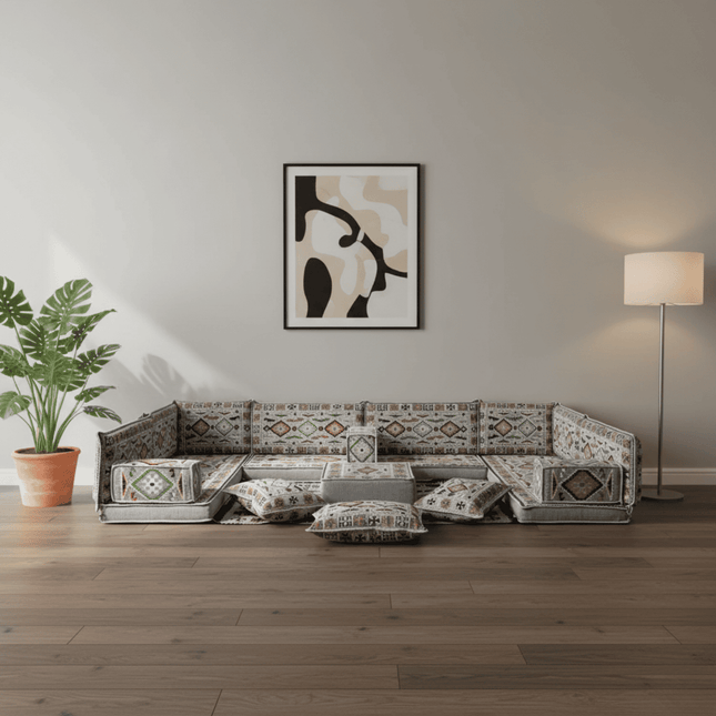 Arabic Floor Sofa Set – Gray U Shaped Majlis Sectional with 4 Inch Cushions
