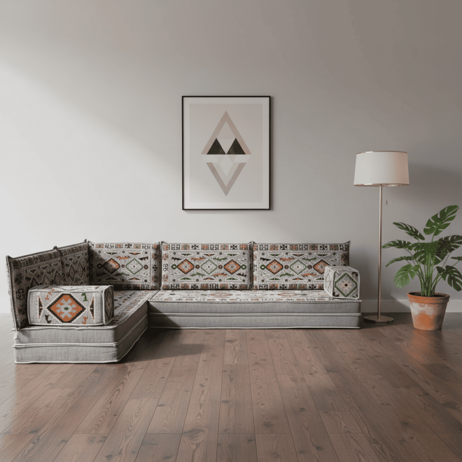 Arabic Floor Sofa Set – Gray L Shaped Majlis Sectional with 8 Inch Cushions