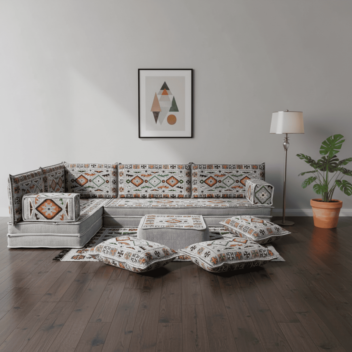 Arabic Floor Sofa Set – Gray L Shaped Majlis Sectional with 8 Inch Cushions