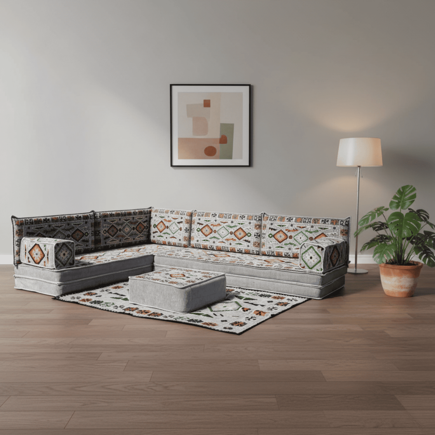 Arabic Floor Sofa Set – Gray L Shaped Majlis Sectional with 8 Inch Cushions
