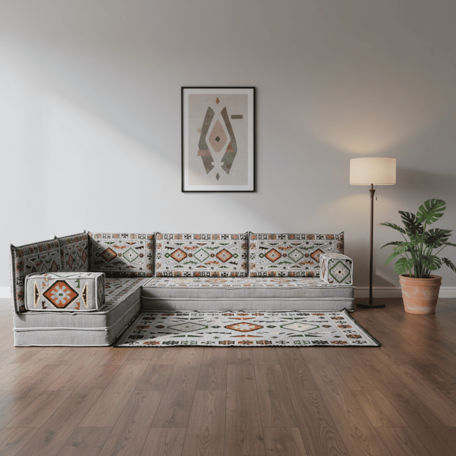 Arabic Floor Sofa Set – Gray L Shaped Majlis Sectional with 8 Inch Cushions