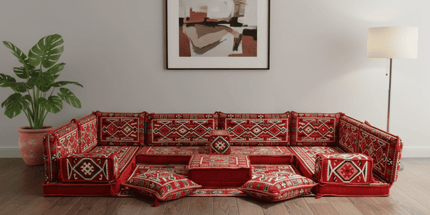 Arabic Floor Sofa Set – Red U Shaped Majlis Sectional with 4 Inch Cushions