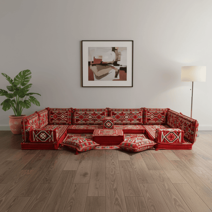 Arabic Floor Sofa Set – Red U Shaped Majlis Sectional with 4 Inch Cushions