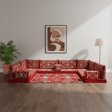 Arabic Floor Sofa Set – Red U Shaped Majlis Sectional with 4 Inch Cushions