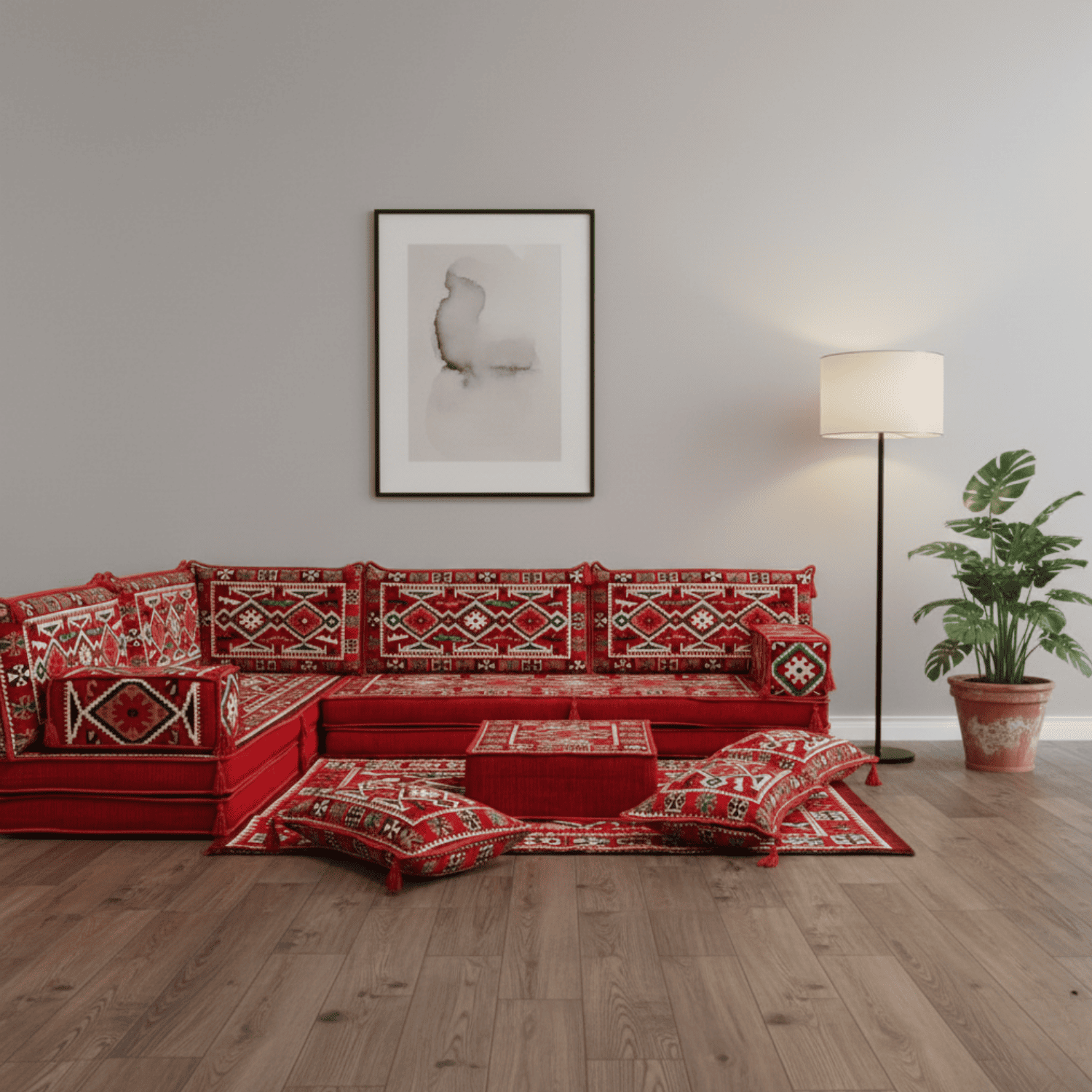 Arabic Floor Sofa Set – Red L Shaped Majlis Sectional with 8 Inch Cushions