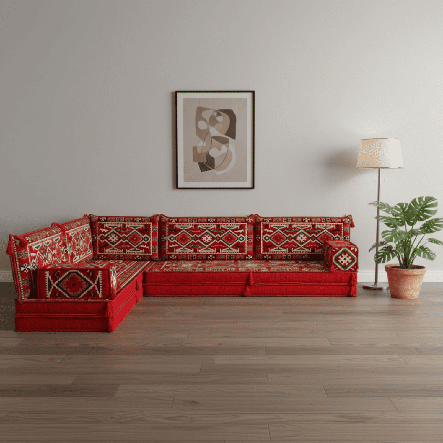 Arabic Floor Sofa Set – Red L Shaped Majlis Sectional with 8 Inch Cushions