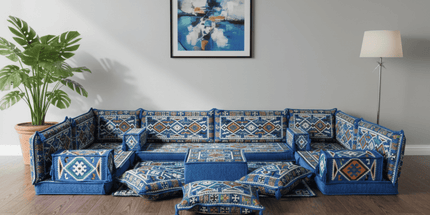 Arabic Floor Sofa Set – Blue U Shaped Majlis Sectional with 4 Inch Cushions