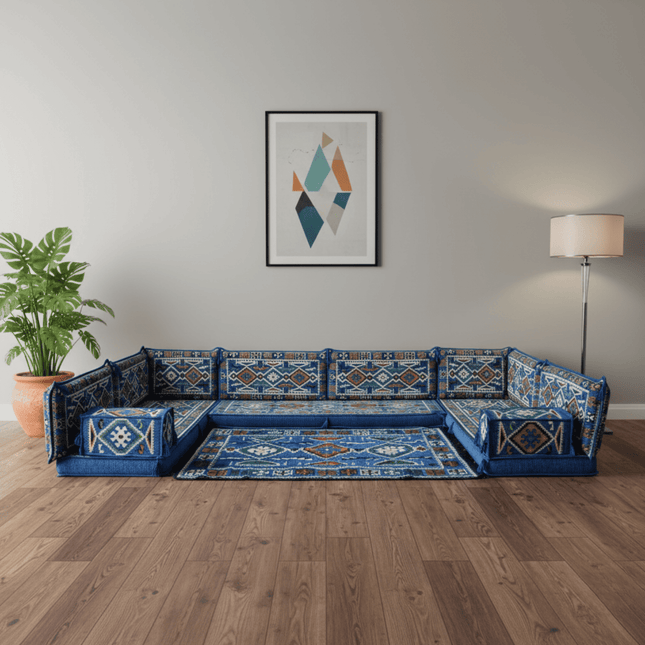 Arabic Floor Sofa Set – Blue U Shaped Majlis Sectional with 4 Inch Cushions