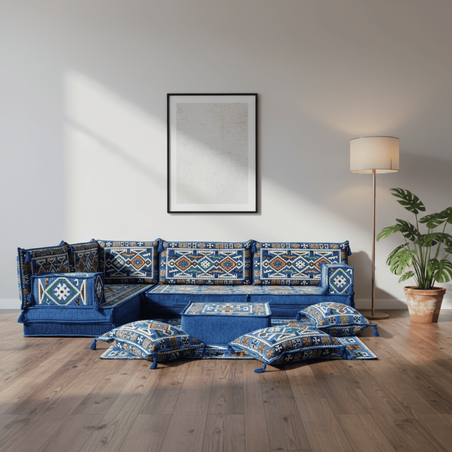 Arabic Floor Sofa Set – Blue L Shaped Majlis Sectional with 8 Inch Cushions