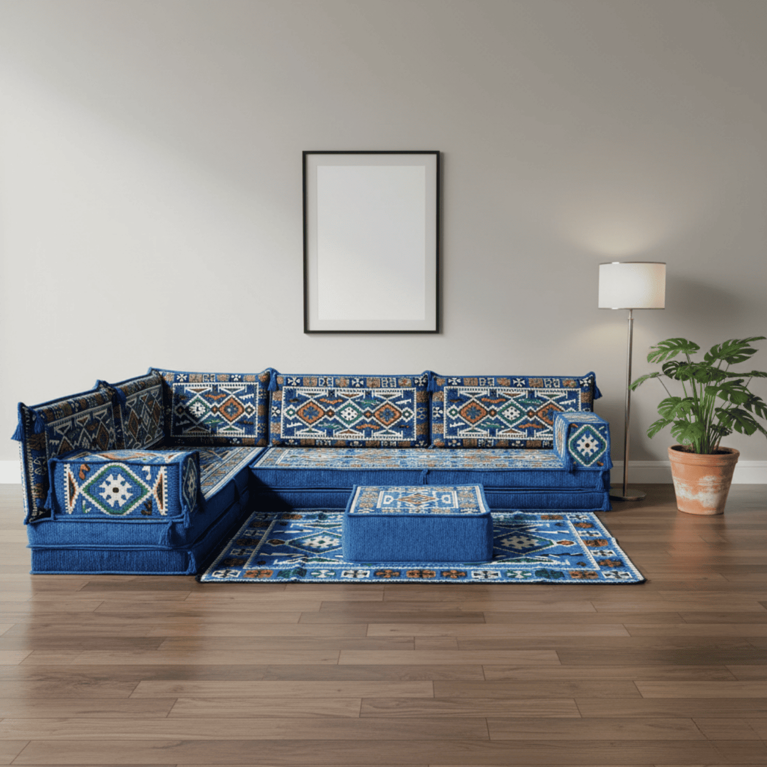 Arabic Floor Sofa Set – Blue L Shaped Majlis Sectional with 8 Inch Cushions