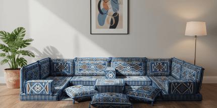 Arabic Floor Sofa Set – Navy Blue U Shaped Majlis Sectional with 4 Inch Cushions