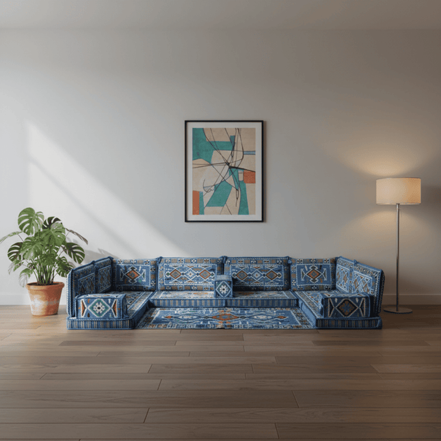 Arabic Floor Sofa Set – Navy Blue U Shaped Majlis Sectional with 4 Inch Cushions