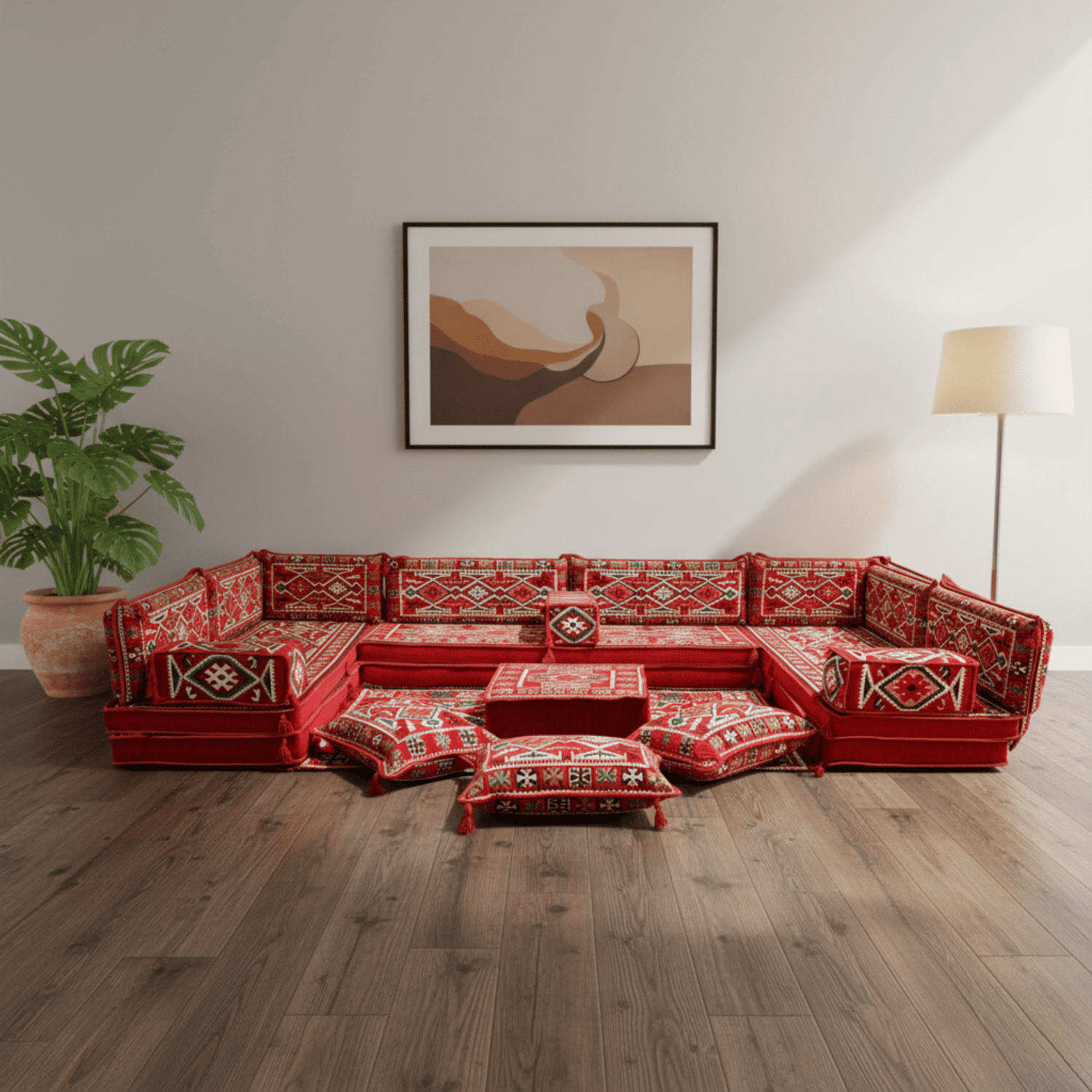 Arabic Floor Sofa Set – Red U Shaped Majlis Sectional with 8 Inch Cushions