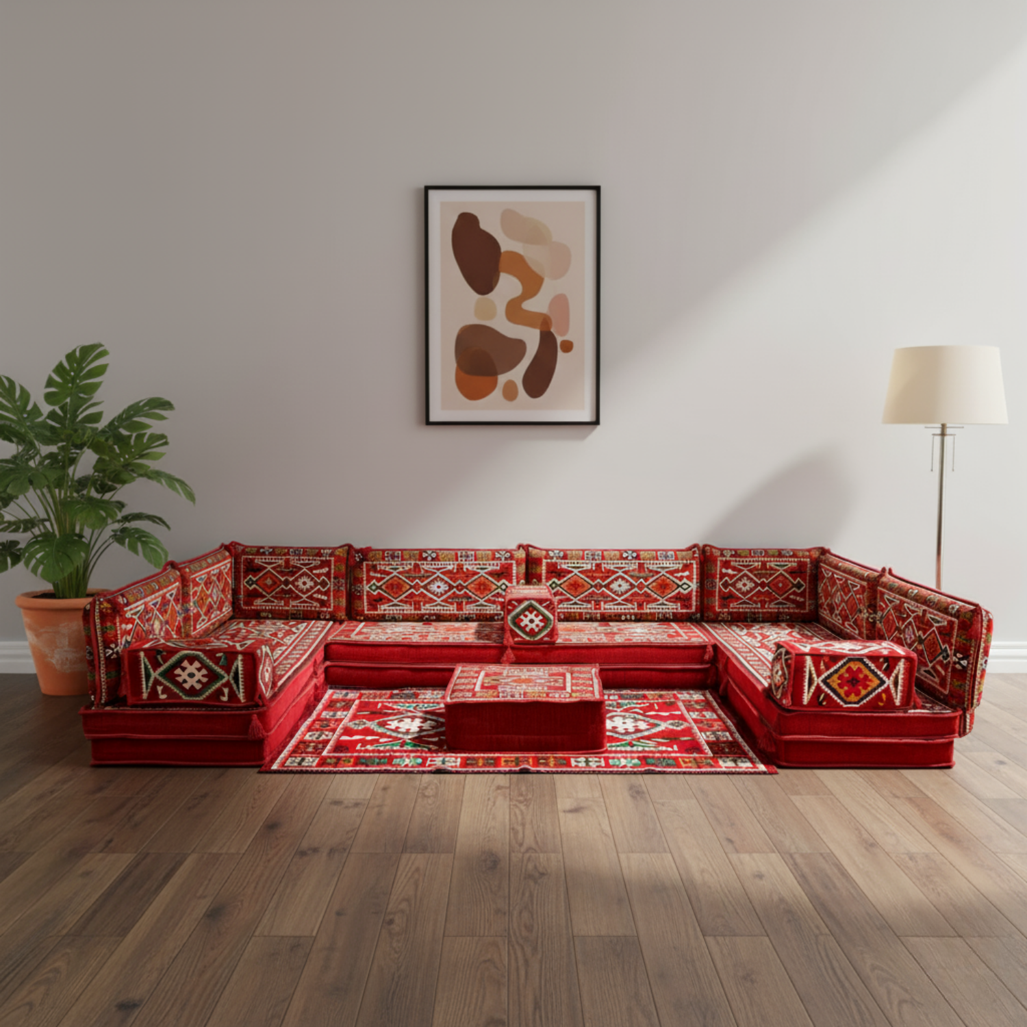 Arabic Floor Sofa Set – Red U Shaped Majlis Sectional with 8 Inch Cushions
