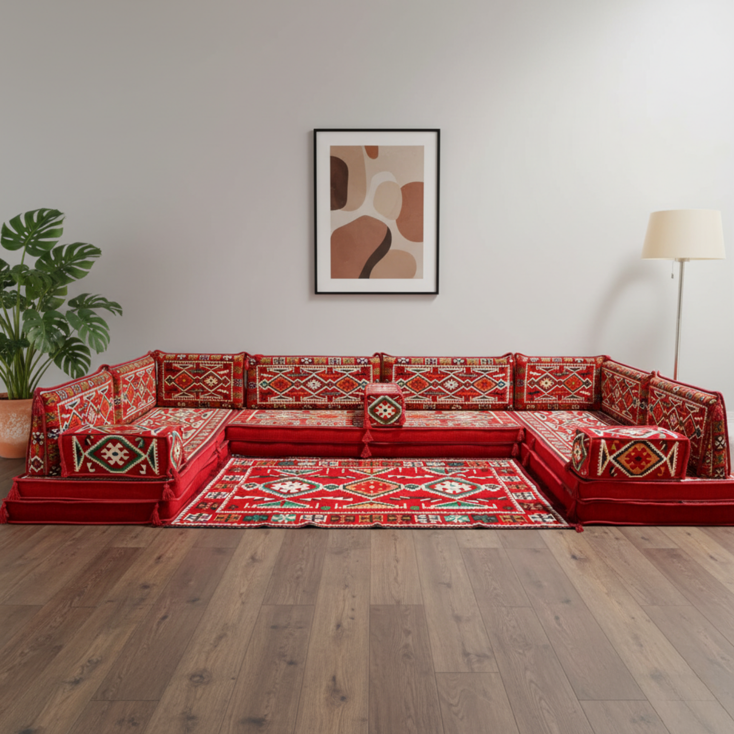 Arabic Floor Sofa Set – Red U Shaped Majlis Sectional with 8 Inch Cushions