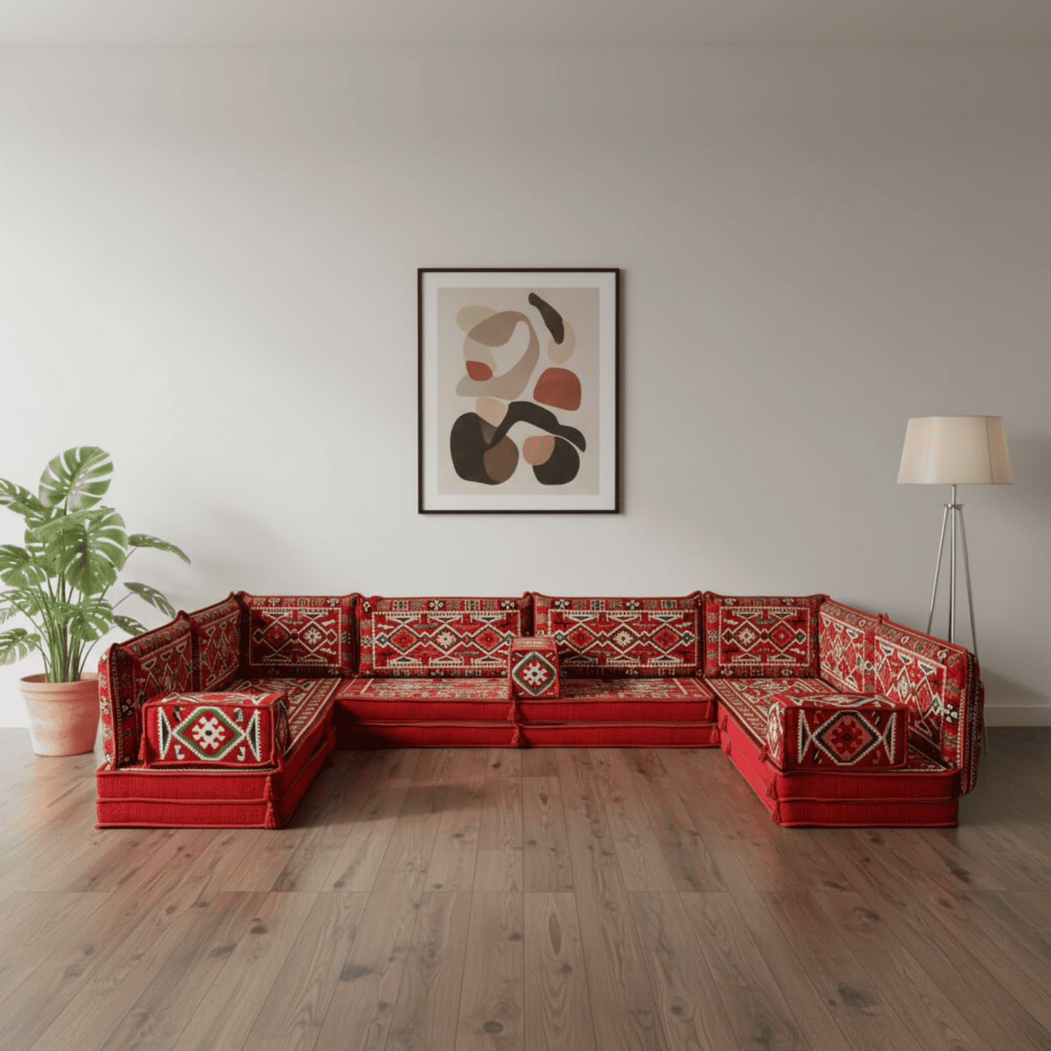 Arabic Floor Sofa Set – Red U Shaped Majlis Sectional with 8 Inch Cushions
