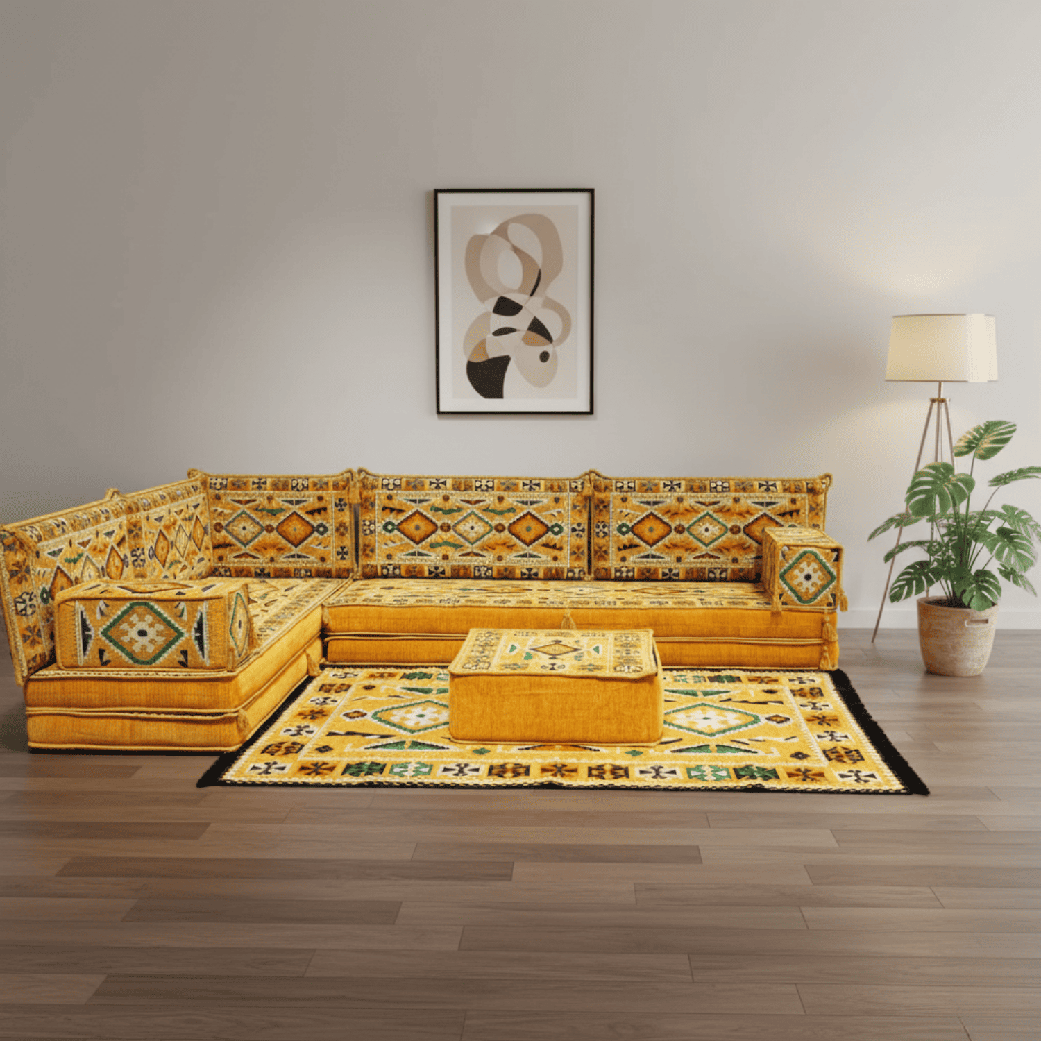 Arabic Floor Sofa Set – Yellow L Shaped Majlis Sectional with 8 Inch Cushions