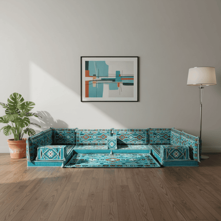 Arabic Floor Sofa Set – Turquoise U Shaped Majlis Sectional with 4 Inch Cushions