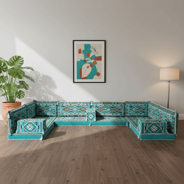 Arabic Floor Sofa Set – Turquoise U Shaped Majlis Sectional with 4 Inch Cushions