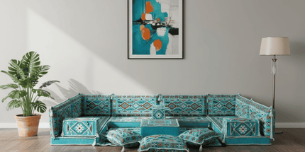 Arabic Floor Sofa Set – Turquoise U Shaped Majlis Sectional with 4 Inch Cushions