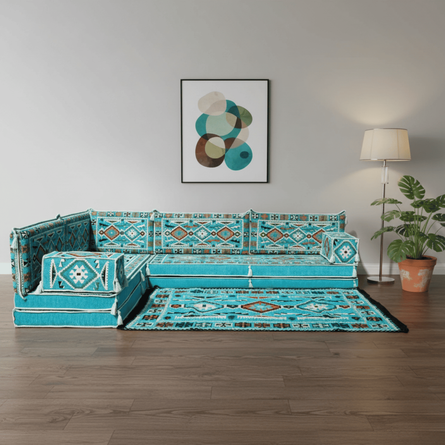 Arabic Floor Sofa Set – Turquoise L Shaped Majlis Sectional with 8 Inch Cushions