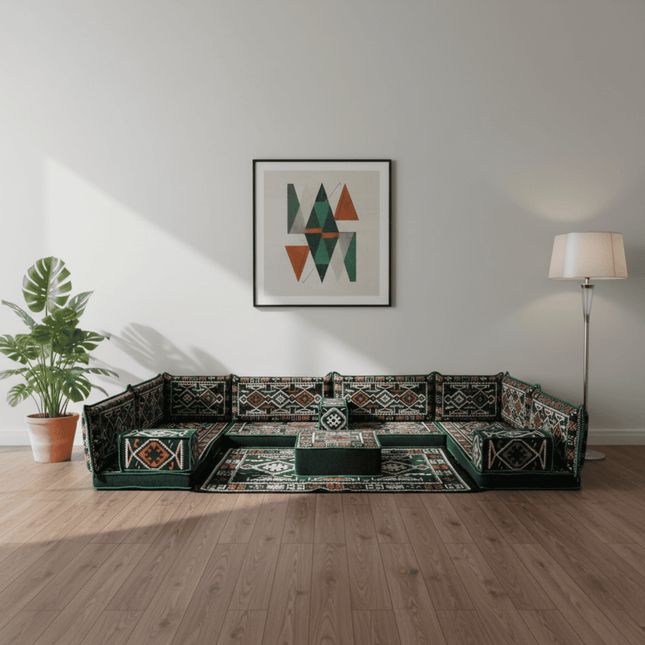 Arabic Floor Sofa Set – Green U Shaped Majlis Sectional with 4 Inch Cushions