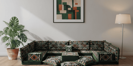 Arabic Floor Sofa Set – Green U Shaped Majlis Sectional with 4 Inch Cushions