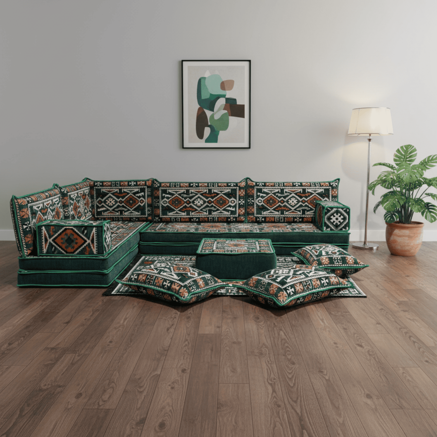 Arabic Floor Sofa Set – Green L Shaped Majlis Sectional with 8 Inch Cushions