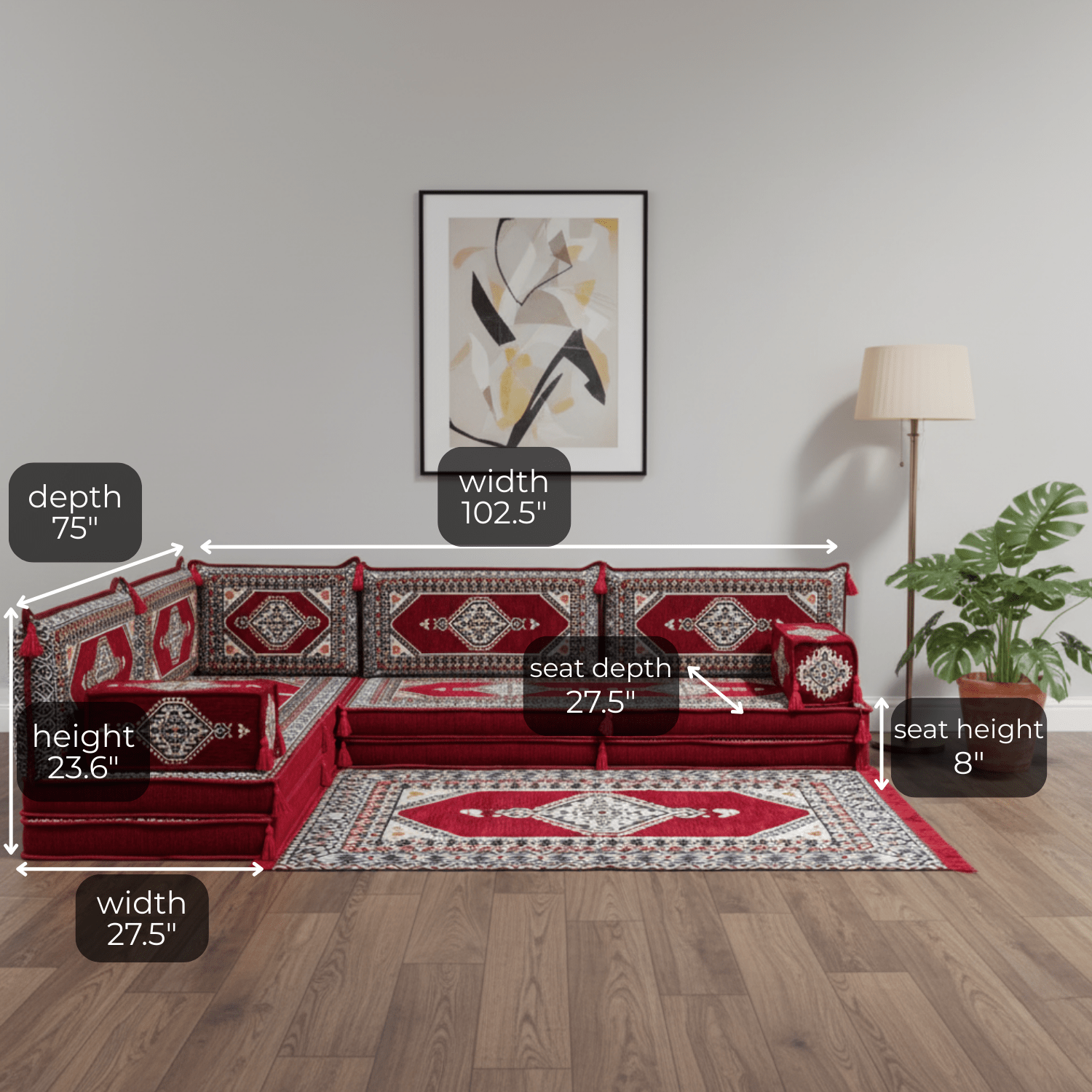 Arabic Floor Sofa Set – Maroon L Shaped Majlis Sectional with 8 Inch Cushions