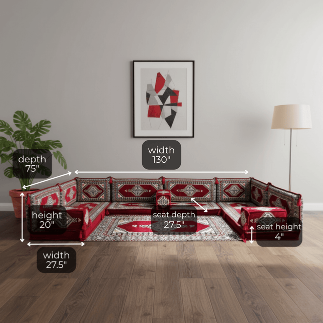 Arabic Floor Sofa Set – Maroon U Shaped Majlis Sectional with 4 Inch Cushions