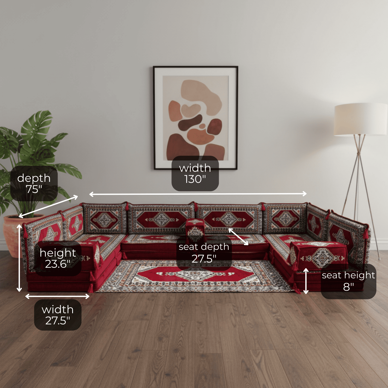 Arabic Floor Sofa Set – Maroon U Shaped Majlis Sectional with 8 Inch Cushions