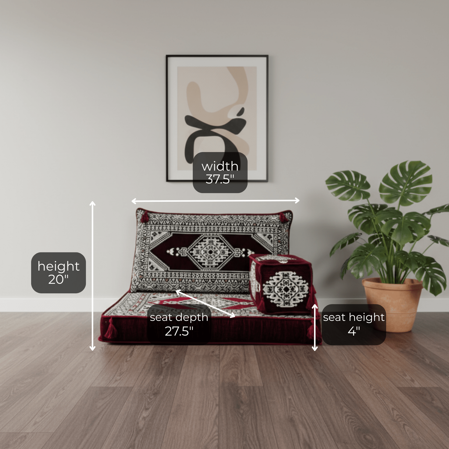 Arabic Half Loveseat Sofa – Maroon Half Loveseat with 4 and 8 Inch Cushion Options