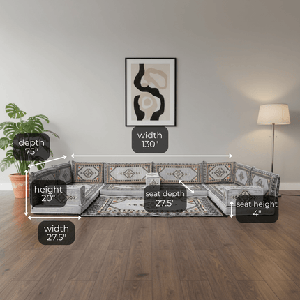 Arabic Floor Sofa Set – Gray U Shaped Majlis Sectional with 4 Inch Cushions