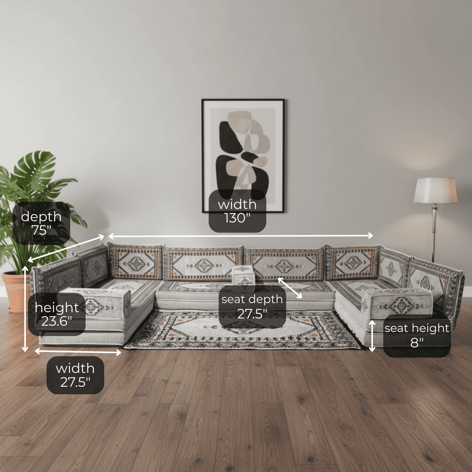 Arabic Floor Sofa Set – Gray U Shaped Majlis Sectional with 8 Inch Cushions