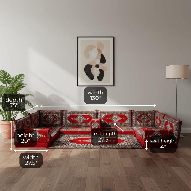Arabic Floor Sofa Set – Red U Shaped Majlis Sectional with 4 Inch Cushions