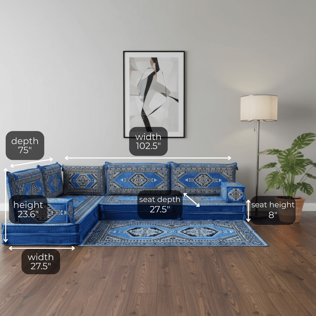 Arabic Floor Sofa Set – Blue L Shaped Majlis Sectional with 8 Inch Cushions