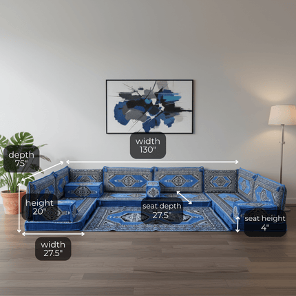 Arabic Floor Sofa Set – Blue U Shaped Majlis Sectional with 4 Inch Cushions