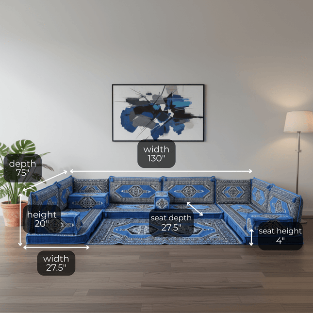 Arabic Floor Sofa Set – Blue U Shaped Majlis Sectional with 4 Inch Cushions