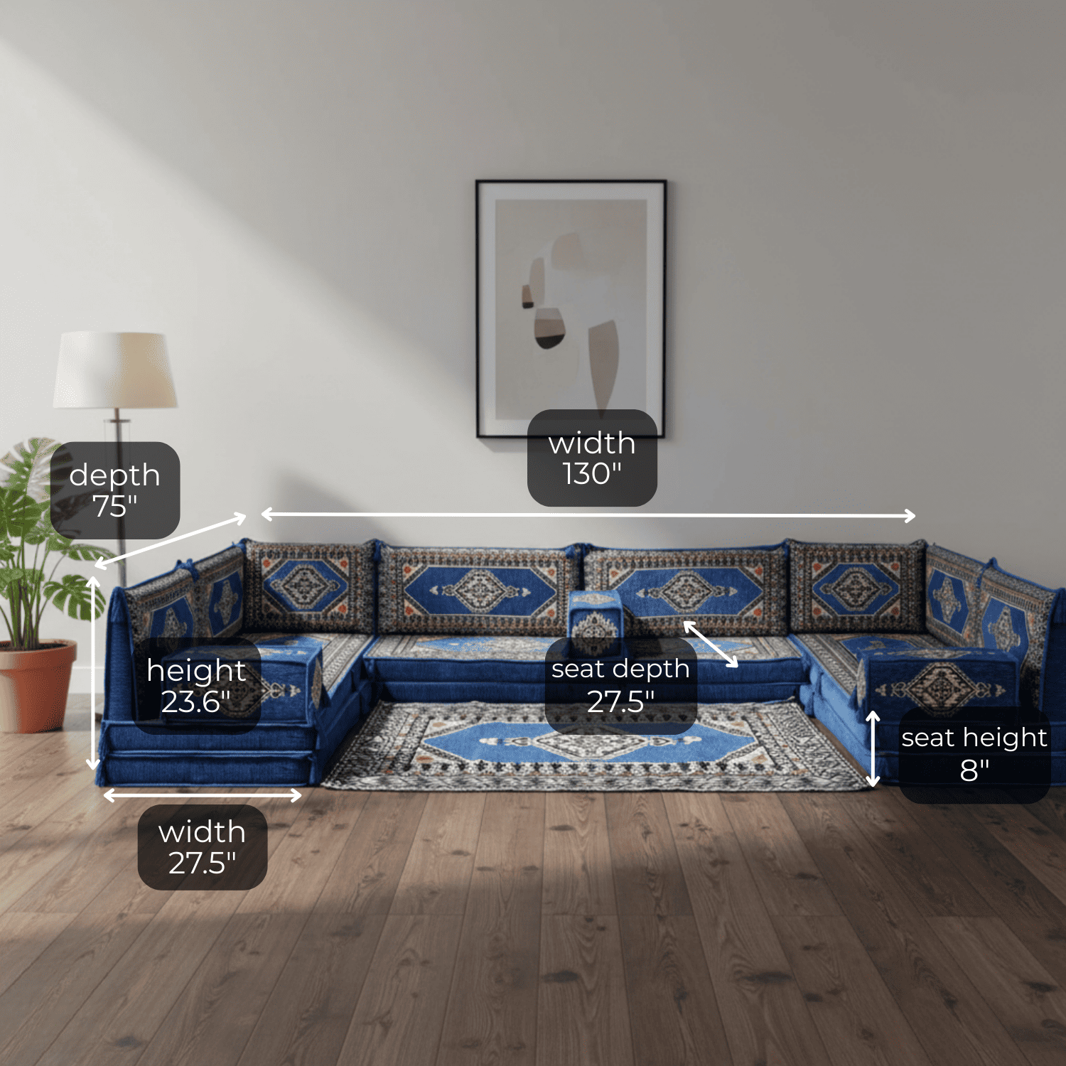 Arabic Floor Sofa Set – Blue U Shaped Majlis Sectional with 8 Inch Cushions
