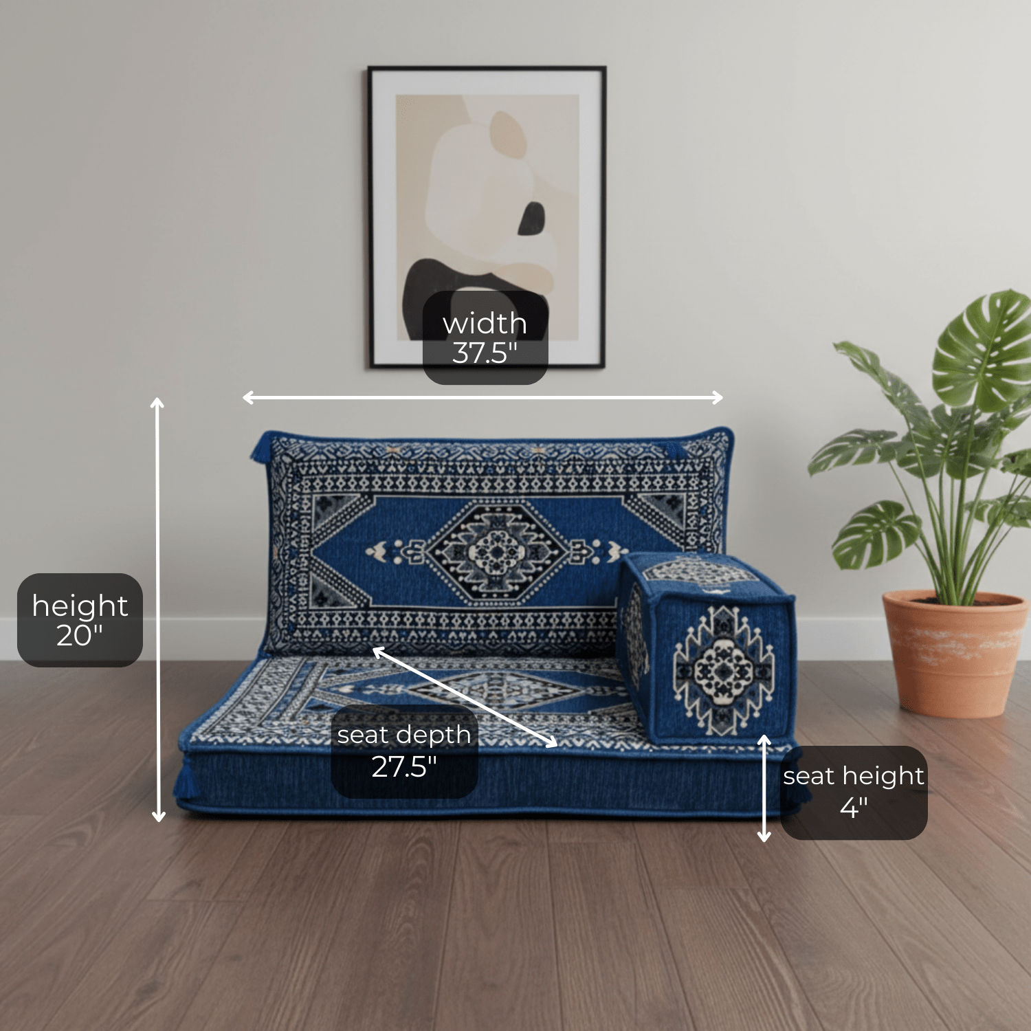 Arabic Half Loveseat Sofa – Blue Half Loveseat with 4 and 8 Inch Cushion Options