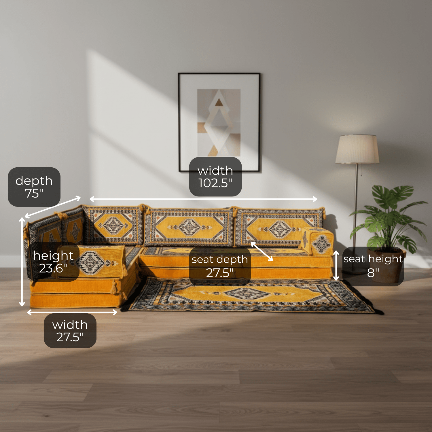 Arabic Floor Sofa Set – Yellow L Shaped Majlis Sectional with 8 Inch Cushions