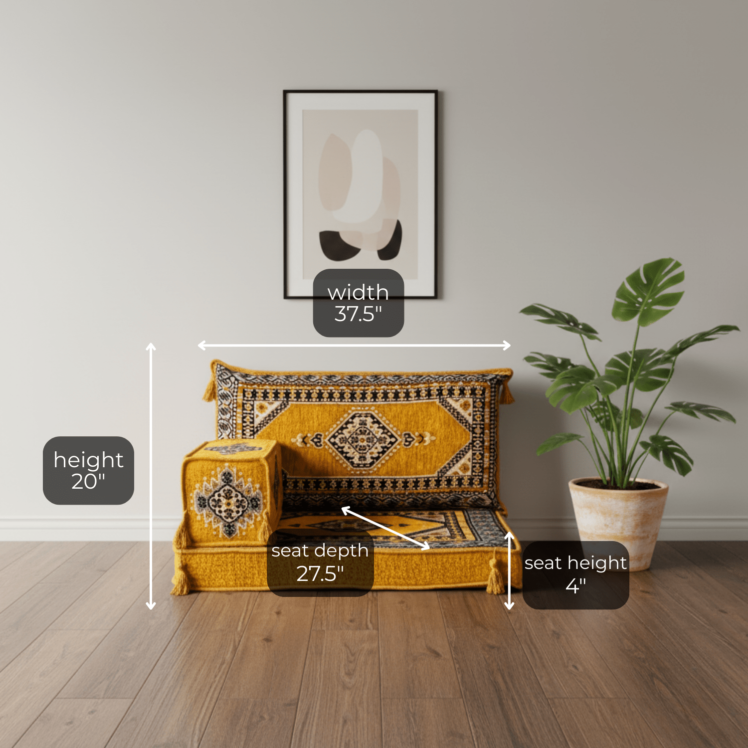 Arabic Half Loveseat Sofa – Yellow Half Loveseat with 4 and 8 Inch Cushion Options