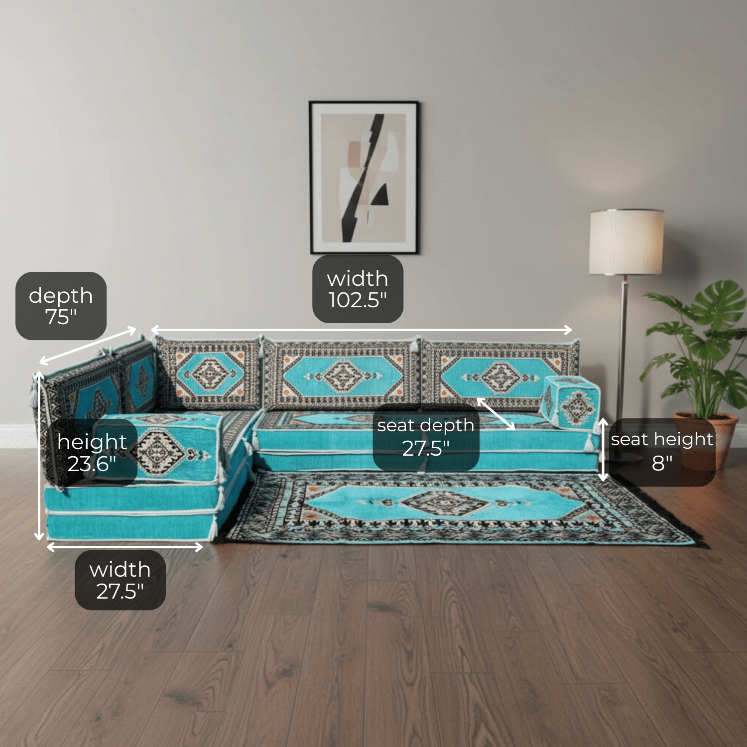 Arabic Floor Sofa Set – Turquoise L Shaped Majlis Sectional with 8 Inch Cushions
