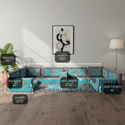 Arabic Floor Sofa Set – Turquoise U Shaped Majlis Sectional with 4 Inch Cushions