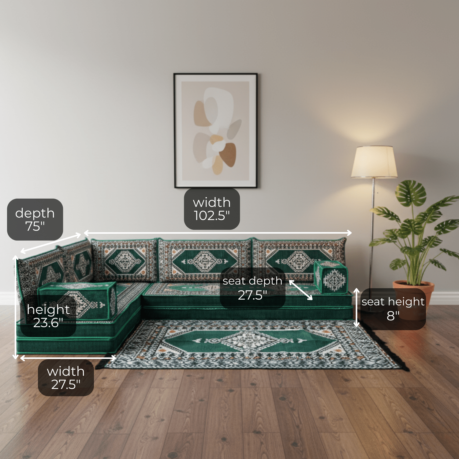 Arabic Floor Sofa Set – Green L Shaped Majlis Sectional with 8 Inch Cushions