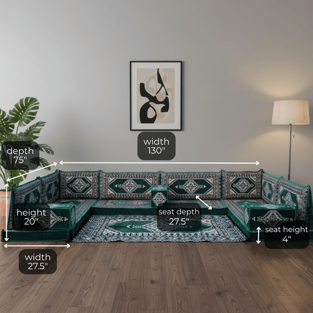 Arabic Floor Sofa Set – Green U Shaped Majlis Sectional with 4 Inch Cushions
