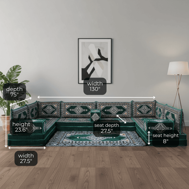 Arabic Floor Sofa Set – Green U Shaped Majlis Sectional with 8 Inch Cushions